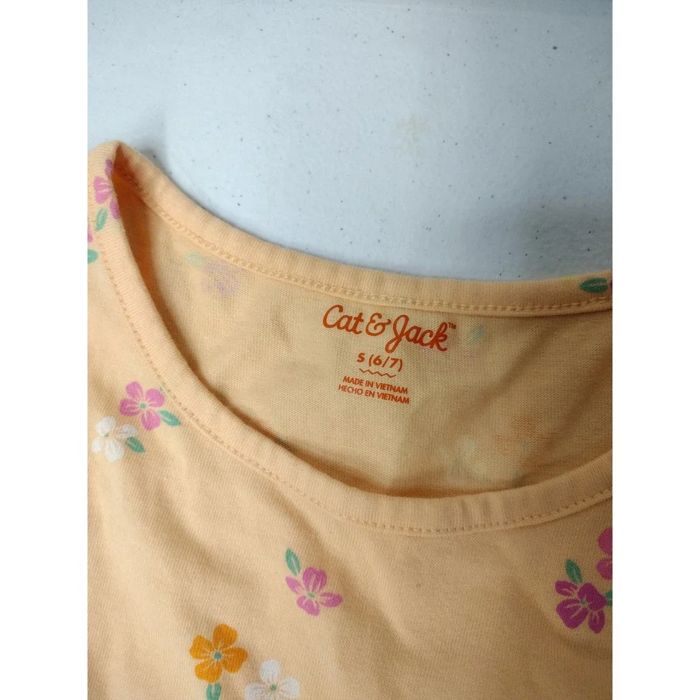 Cat & Jack Girls Peach Floral Sleeveless Pocket Dress Size S 6/7 Crew Neck